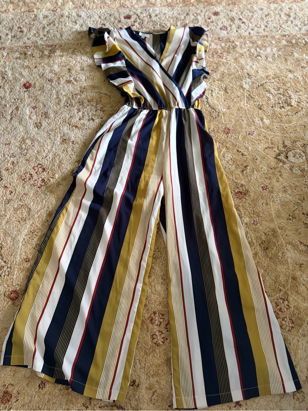 Umgee small like new Fall Striped Wide-Leg Jumpsuit in Navy, Mustard & white